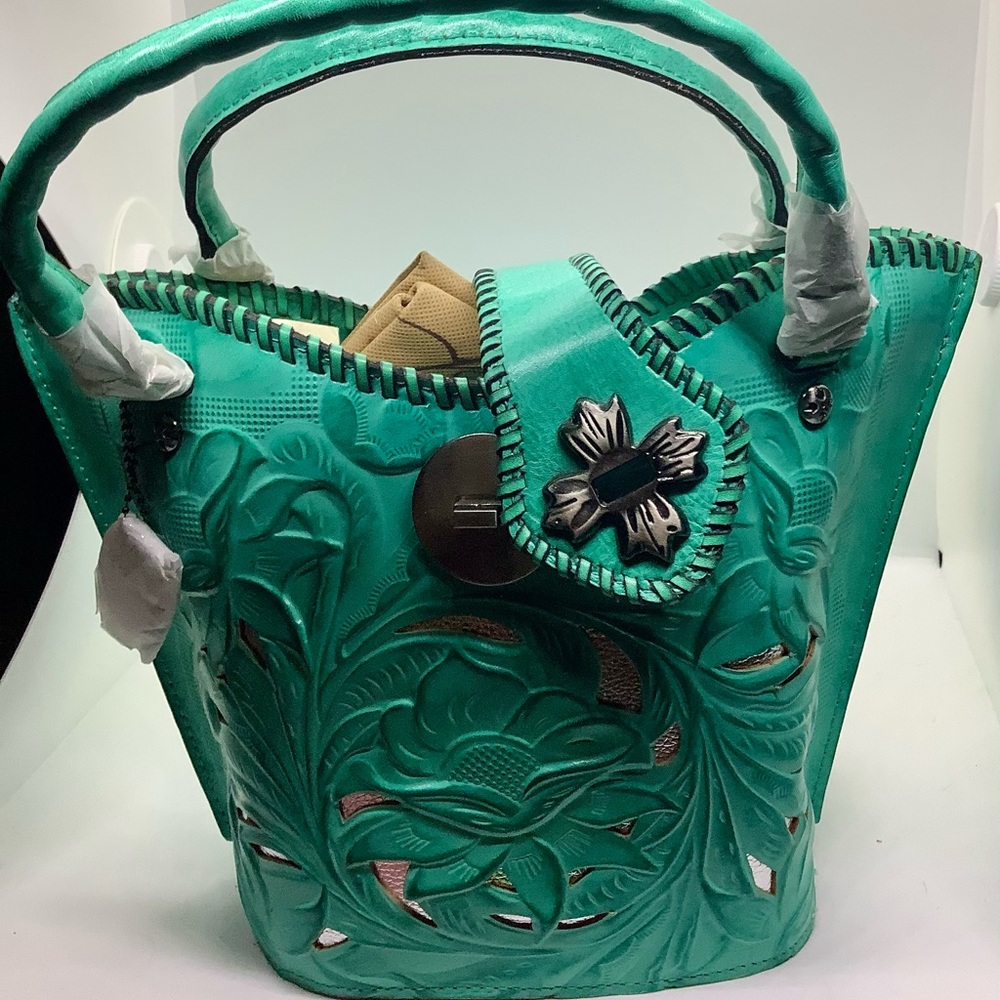 🌷Patricia Nash🌷100% Handmade Leather Crossbody, Tote/Bag, Green/Teal/Aqua NWT - Picture 7 of 13